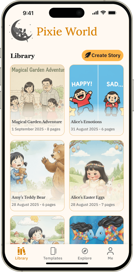 PixieWorld App Library Screen