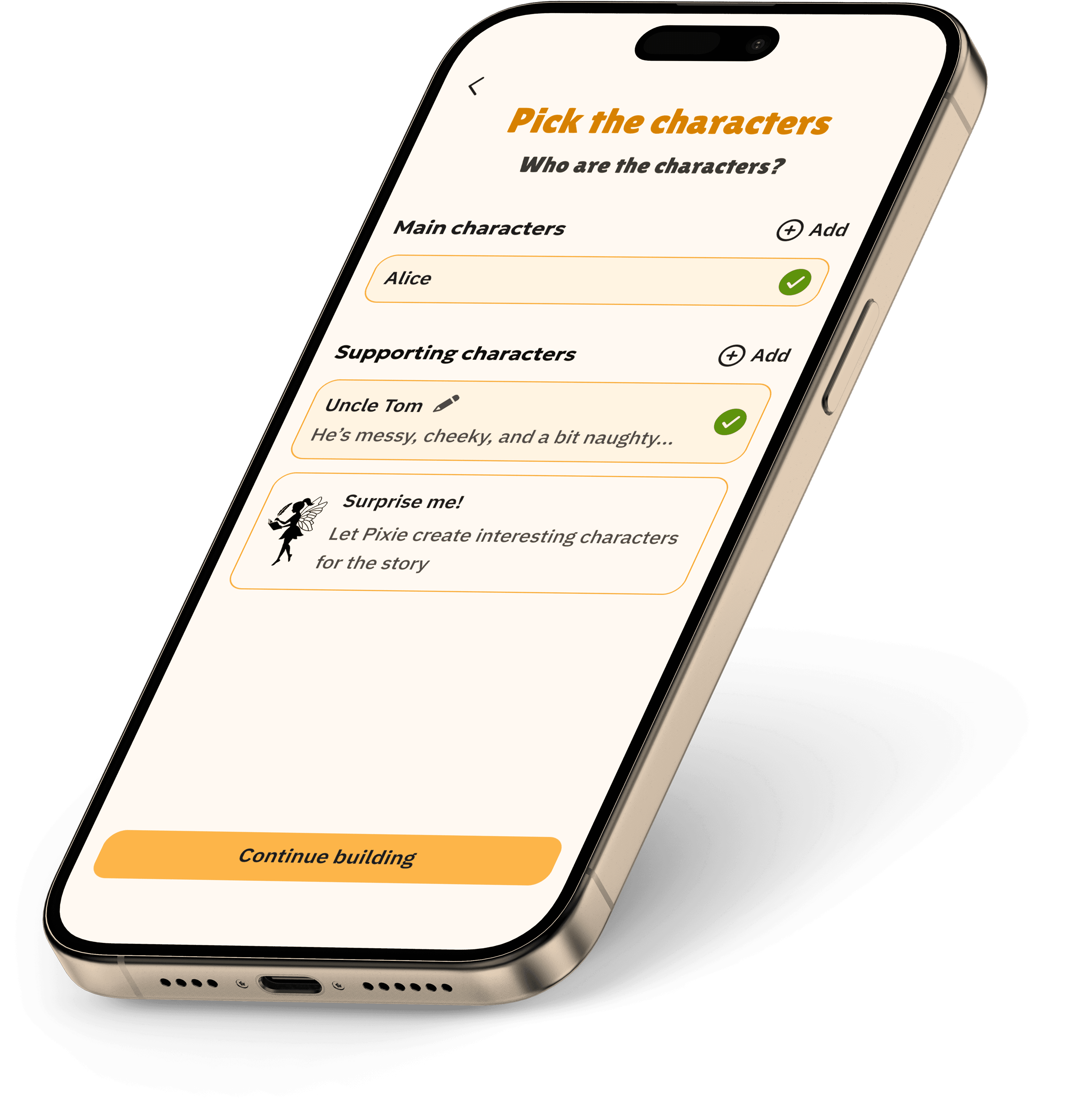 Screen showing character selection interface with main and supporting characters